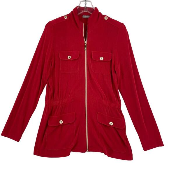 Chico's Travelers Slinky Blazer Jacket Size S Stretch Knit Zip Up Red No Wrinkle - Picture 1 of 9